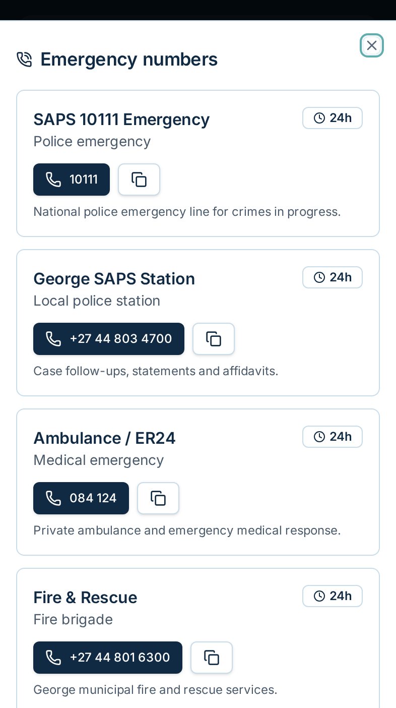 Emergency numbers sheet on a phone listing police, ambulance and fire contacts with call buttons