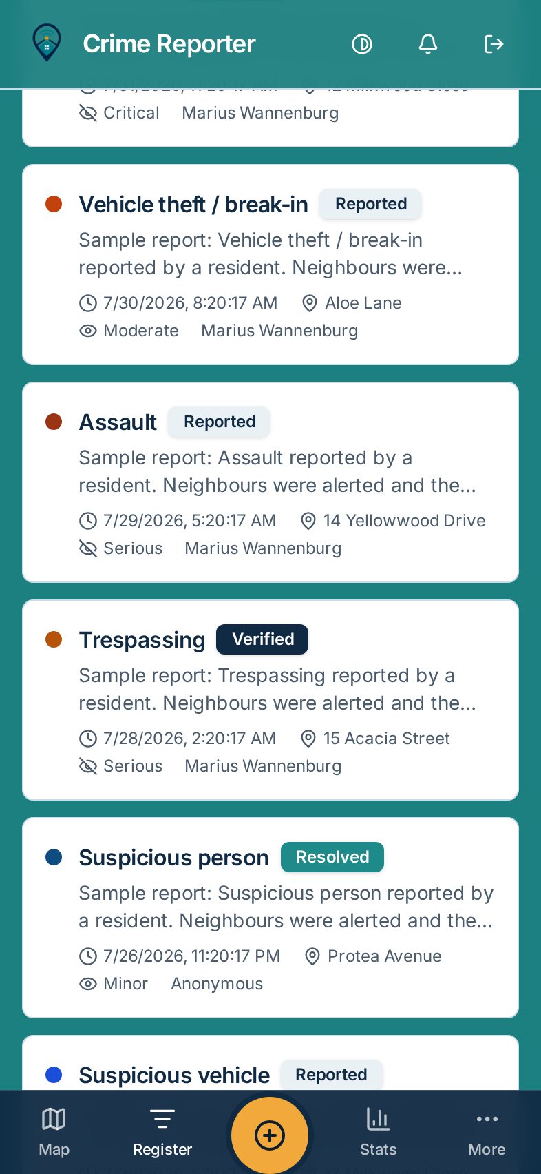 Incident register on a phone listing reported crimes with type, status, severity, time and street