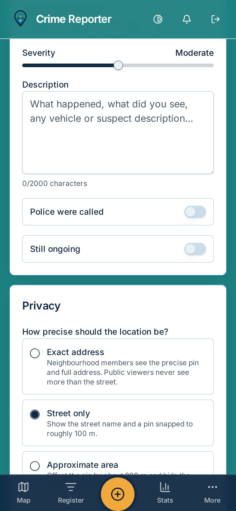 Report form on a phone with a severity slider, description field and location precision options